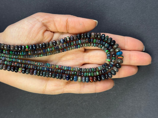 Natürliche Opalperlen, schwarzer Opal, natürlicher Edelstein, handfacettierte Rondellperlen, Strang 42 cm, Größe auswählen, Loch 0,5 mm