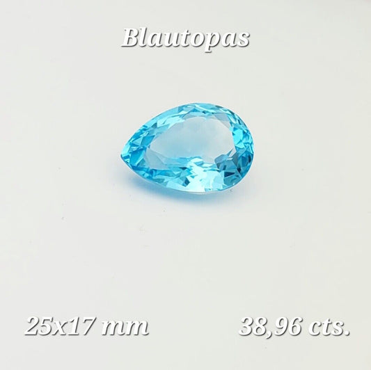 Huge Swiss Blue Topaz Faceted Drop - Top Quality ! 25mm x 17 mm / 38,96 Carat