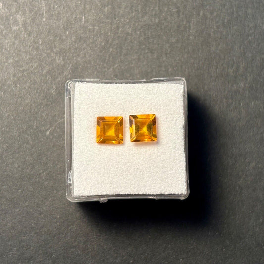 Citrine Sun Yellow Square Cut Faced 6mm Top Quality 1.82 Carats Pair
