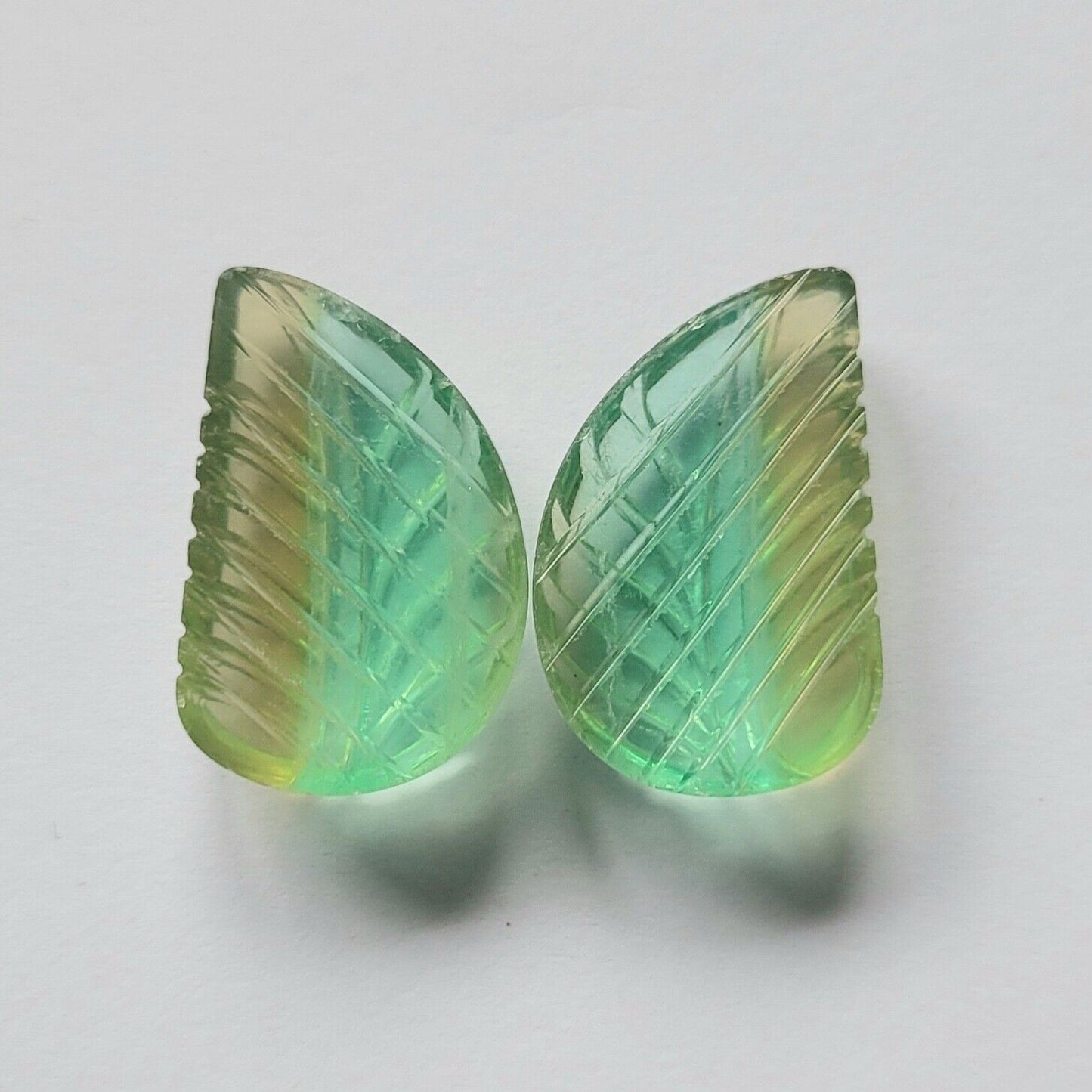 Fluorite Two-tone Dual Elaborate Cut Engraved 21 x 13 31.93 Carats Pair