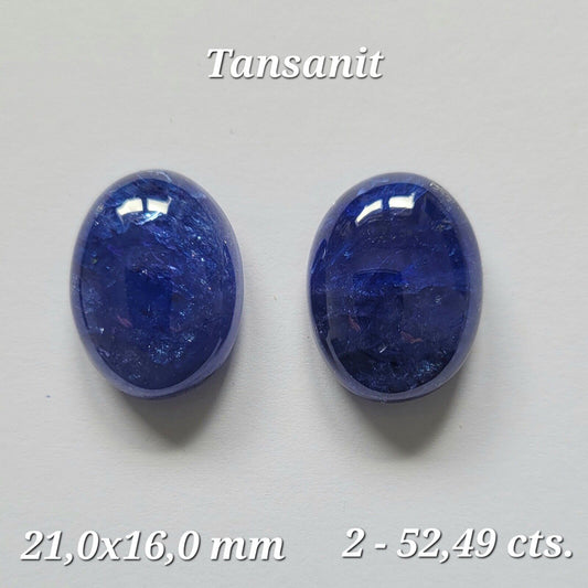 Tansanit, natürlicher blauer Cabochon, 21 x 16 mm, 52,49 Karat, Paar