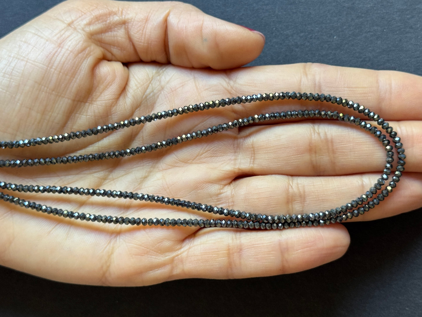 Hematite’s inherent beauty with a shimmering finish -42cm