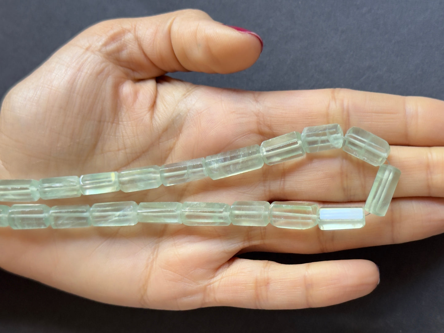 Natural Fluorite Beads Strand Cylindrical Rectangle Cut Light Green