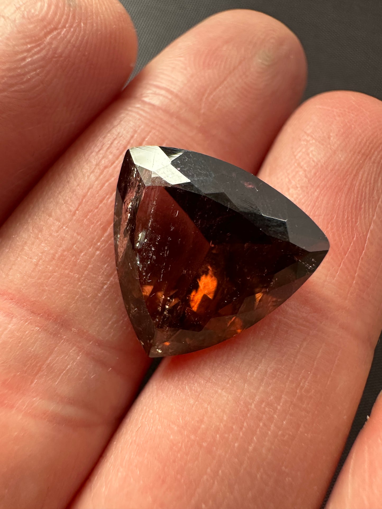 Reddish orange Tourmaline, triangular, star cut, 12.79cts, 16.0x16.0x9.1mm