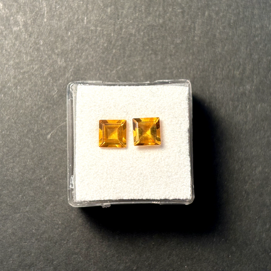 Citrine Sun Yellow Square Cut Faced 6mm Top Quality 1.82 Carats Pair