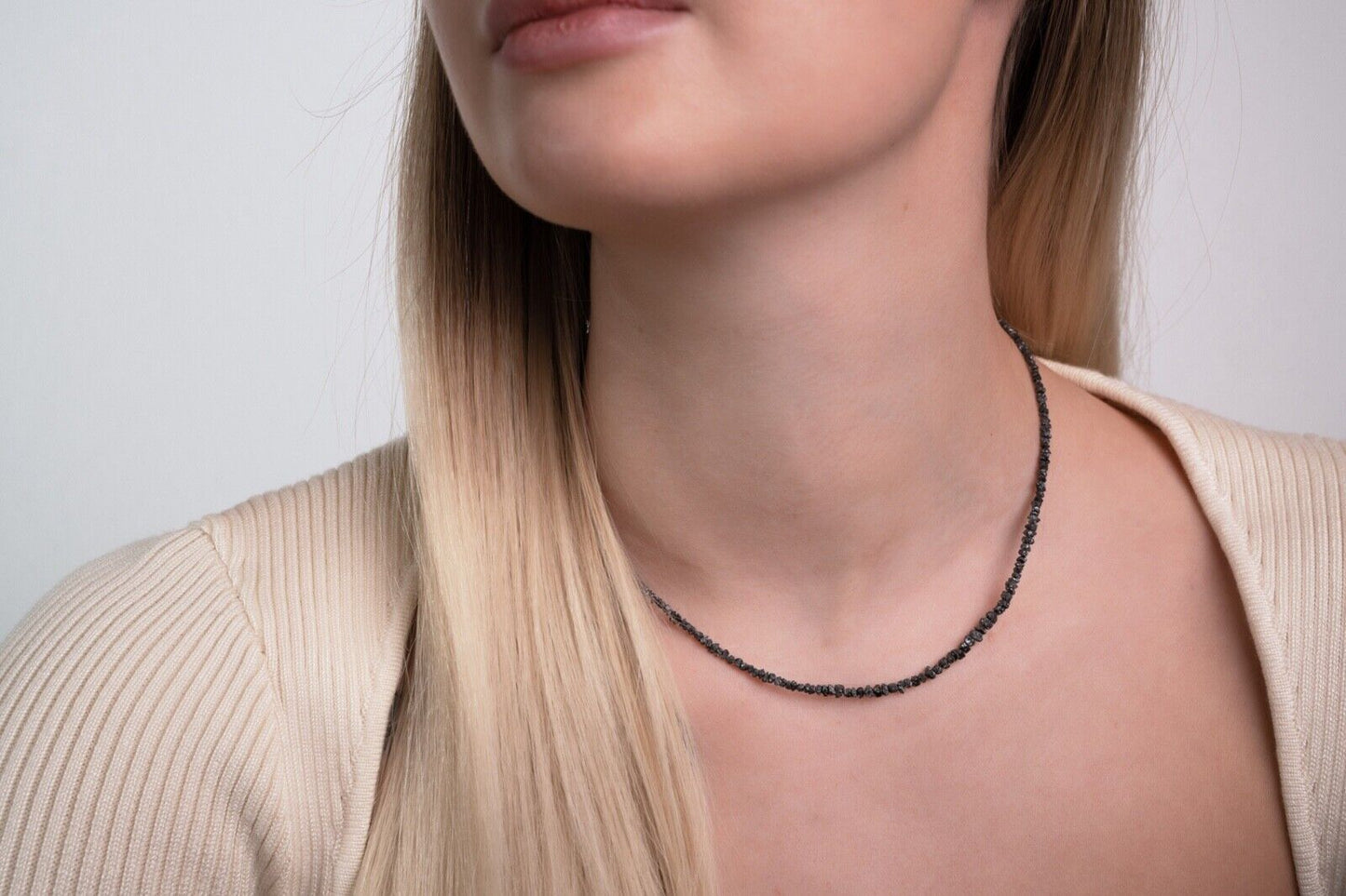 Echte schwarze Rohdiamantkette mit 925 Silberverschluss ca. 45 cm sehr schön