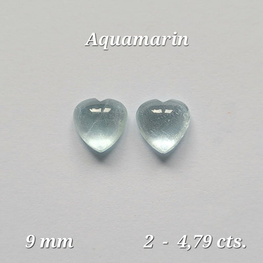Aquamarine Natural Blue Heart Cut Cabochon 9 mm 4.79 Carats Pair