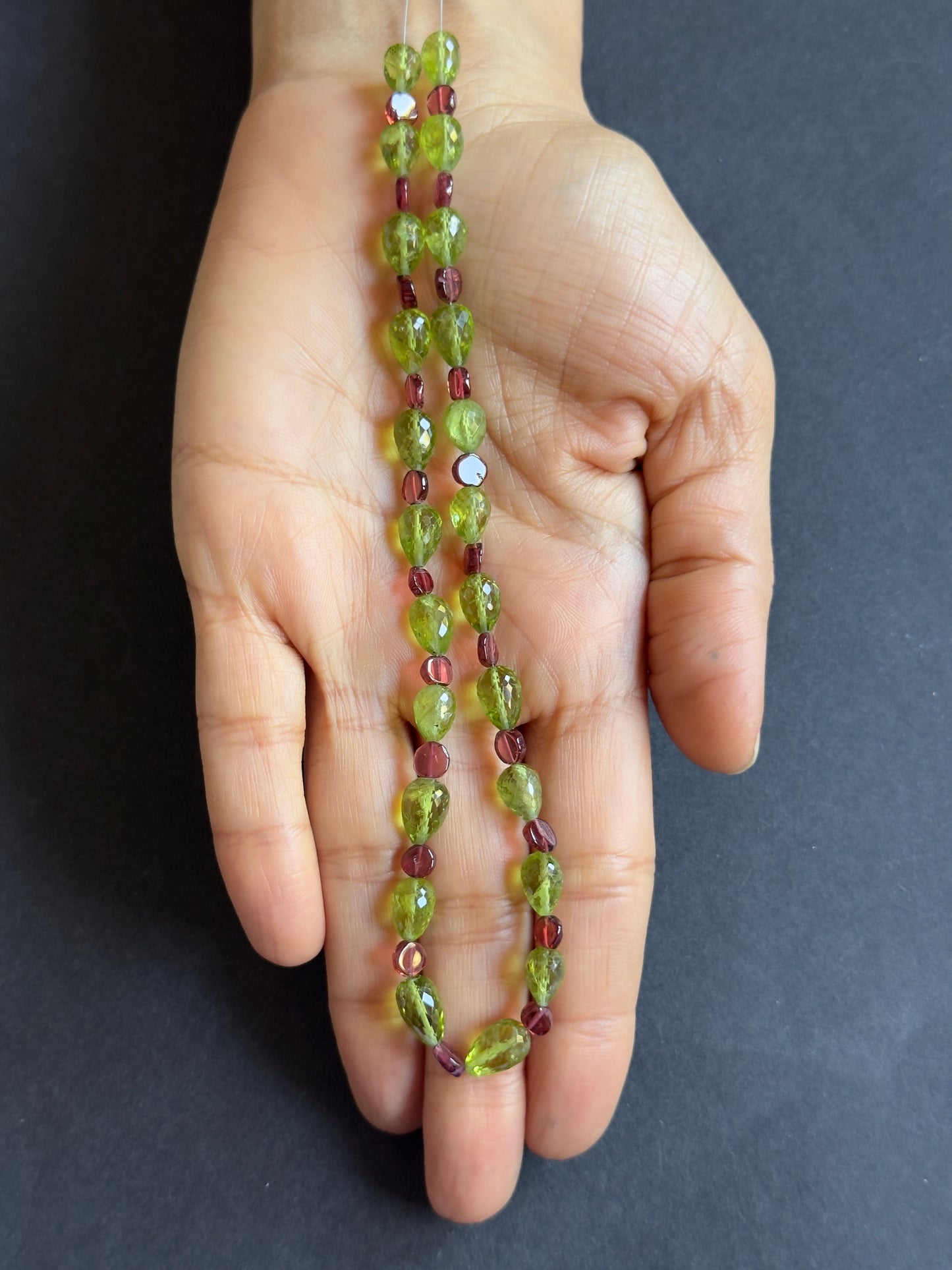 Garnet and Peridot  Beads - Contrasting shapes and colours create a striking balance !